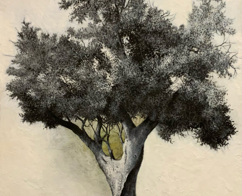 « Portrait d’arbre » 2021 mortier coloré, oxyde de cuivre sur toile de lin (châssis entoilé) 195x130cm