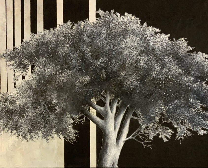 « Portrait d’arbre » 2020 mortier coloré sur toile de lin (châssis entoilé), 130 x 195cm